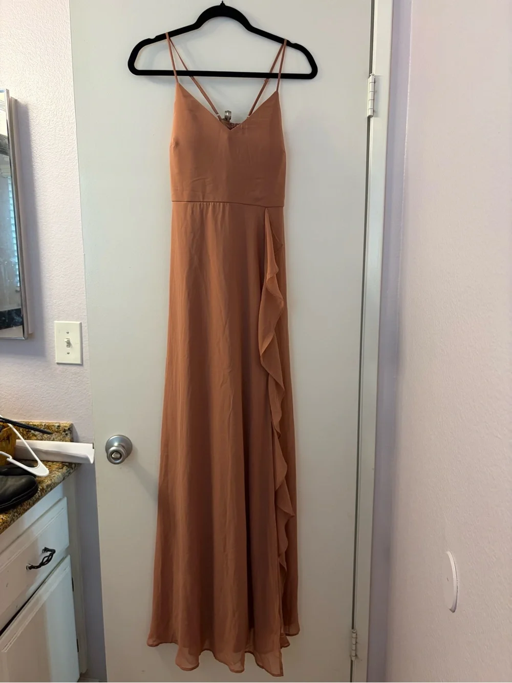 Birdie Grey M Ruffled V-Neck Spaghetti Strap Maxi Dress in Terracotta - Picture 2 of 6